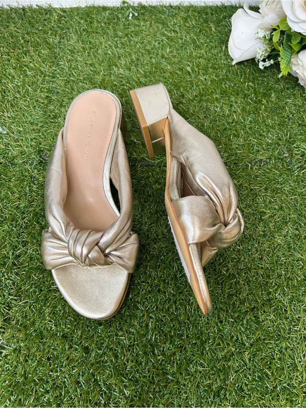 Stuart Weitzman Vacay 35 Block Slide Sandal Metallic Gold Knotted sizes 7 new